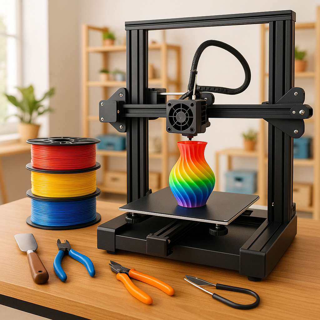 3D printer with colorful filament spools and 3D printing tools on a desk