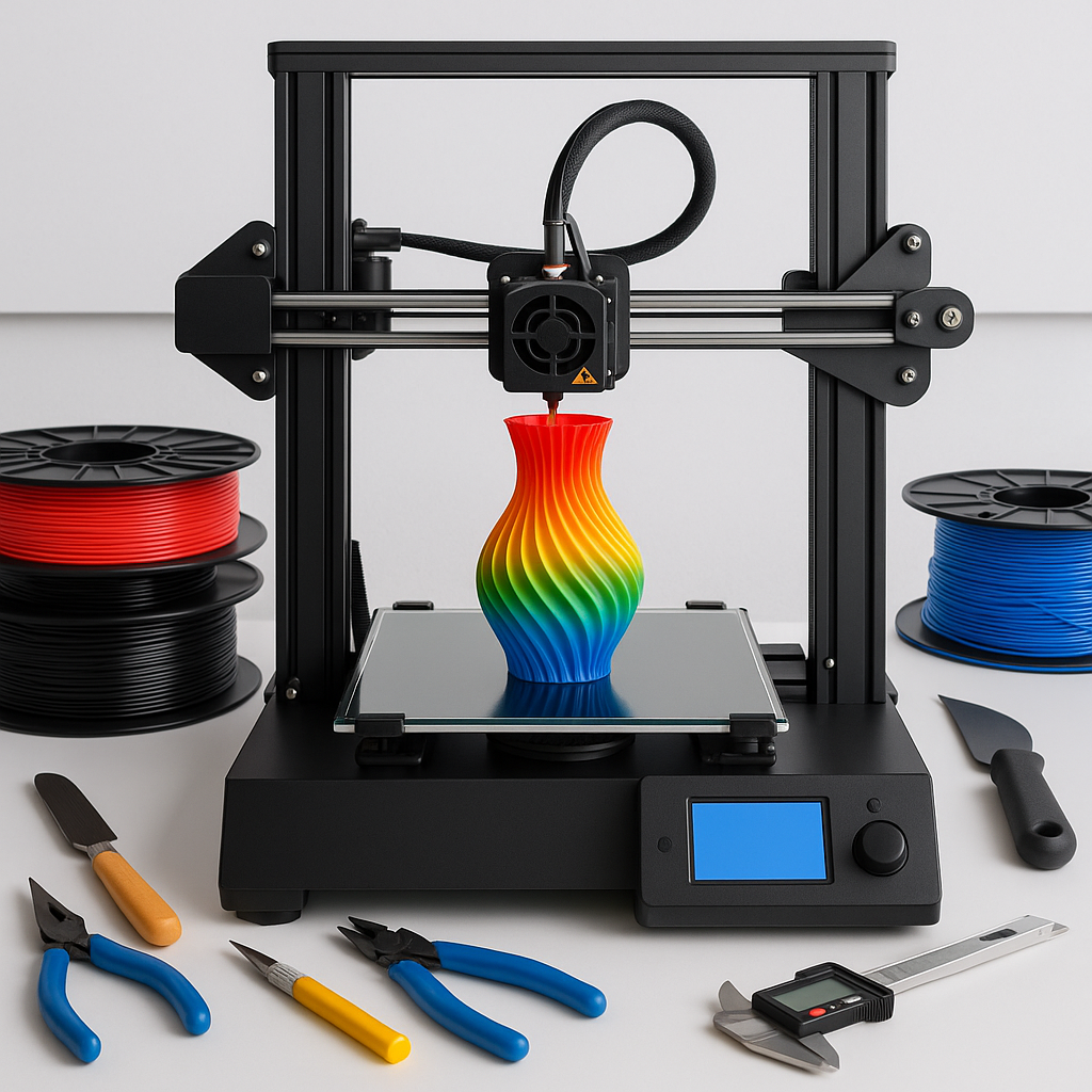 3D printer with filament spools and 3D printing tools on workspace