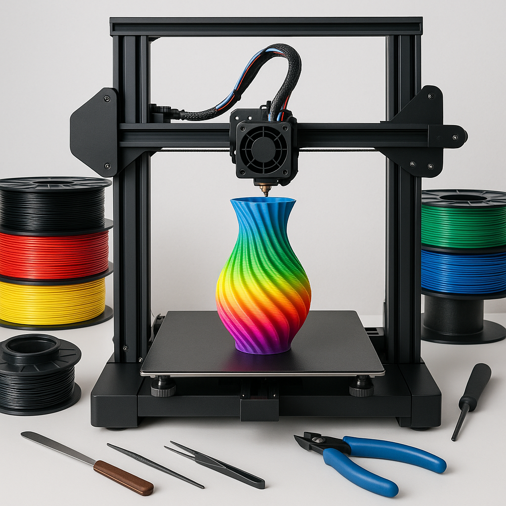 3D printer with filament spools and tools on desk