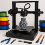 3D printer printing with colorful filament and tools on a desk