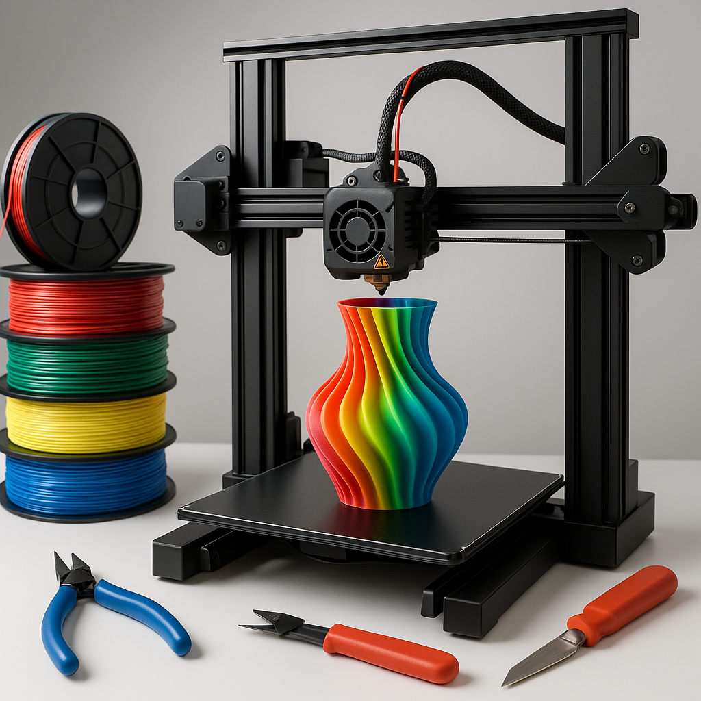 3D printer with filament spools and accessories
