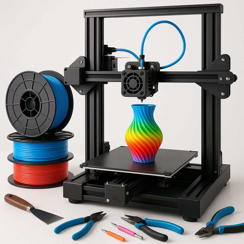 3D printer with colorful filament spools and 3D printing tools on a workbench
