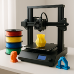 3D printer with colorful filament spools and printed objects on desk