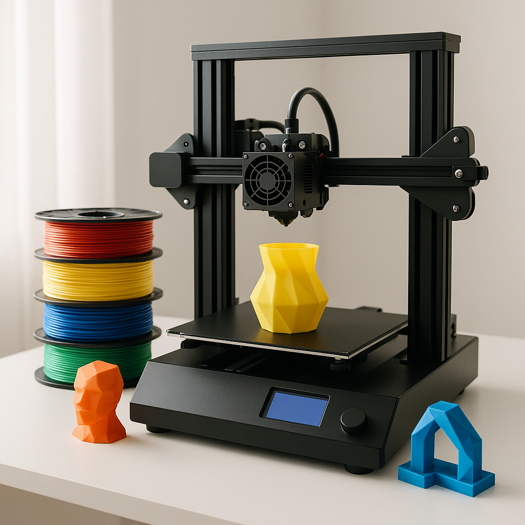 3D printer with colorful filament spools and printed objects on desk