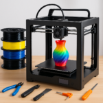 3D printer with filament spools and tools on a workbench