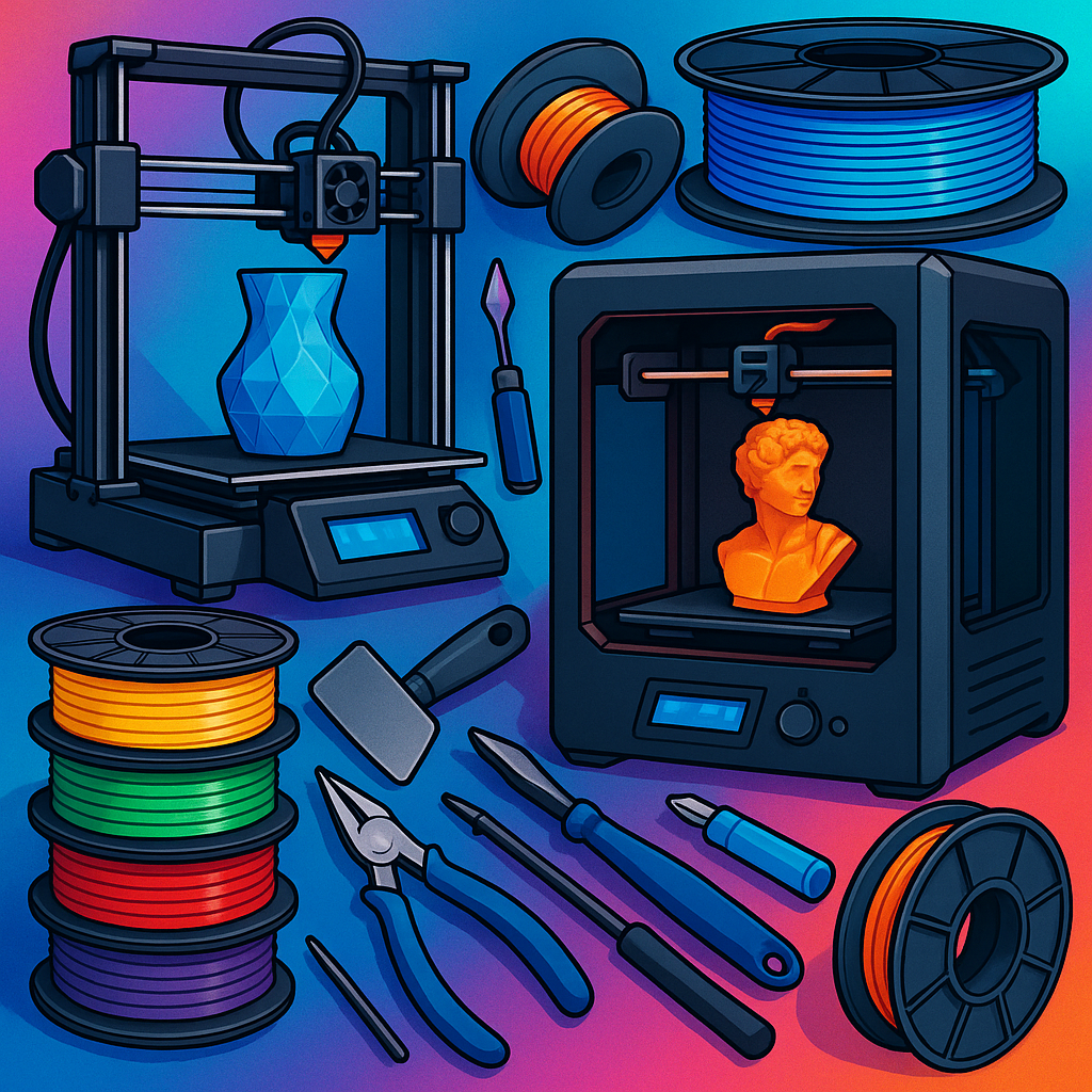 Collage of 3D printers, filaments, and accessories
