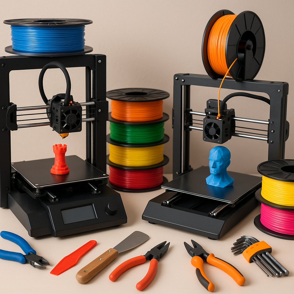 Collage of 3D printers, filaments, and accessories