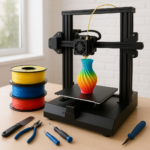 3D printer printing with colorful filament spools and tools on a desk
