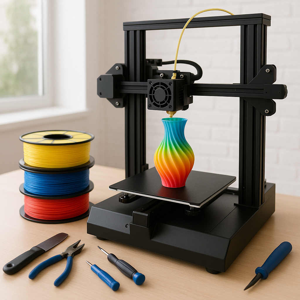 3D printer printing with colorful filament spools and tools on a desk