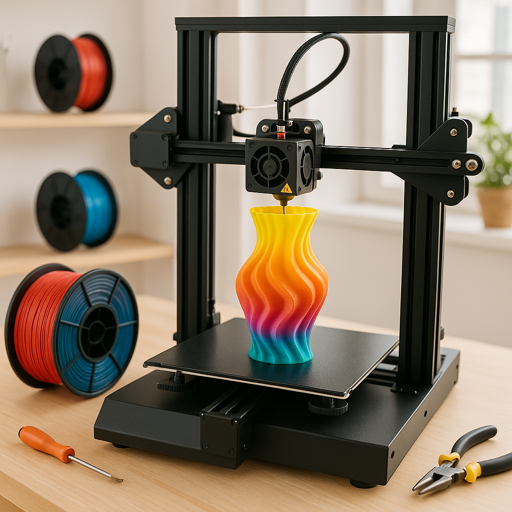 3D printer with colorful filament spools and tools in workshop