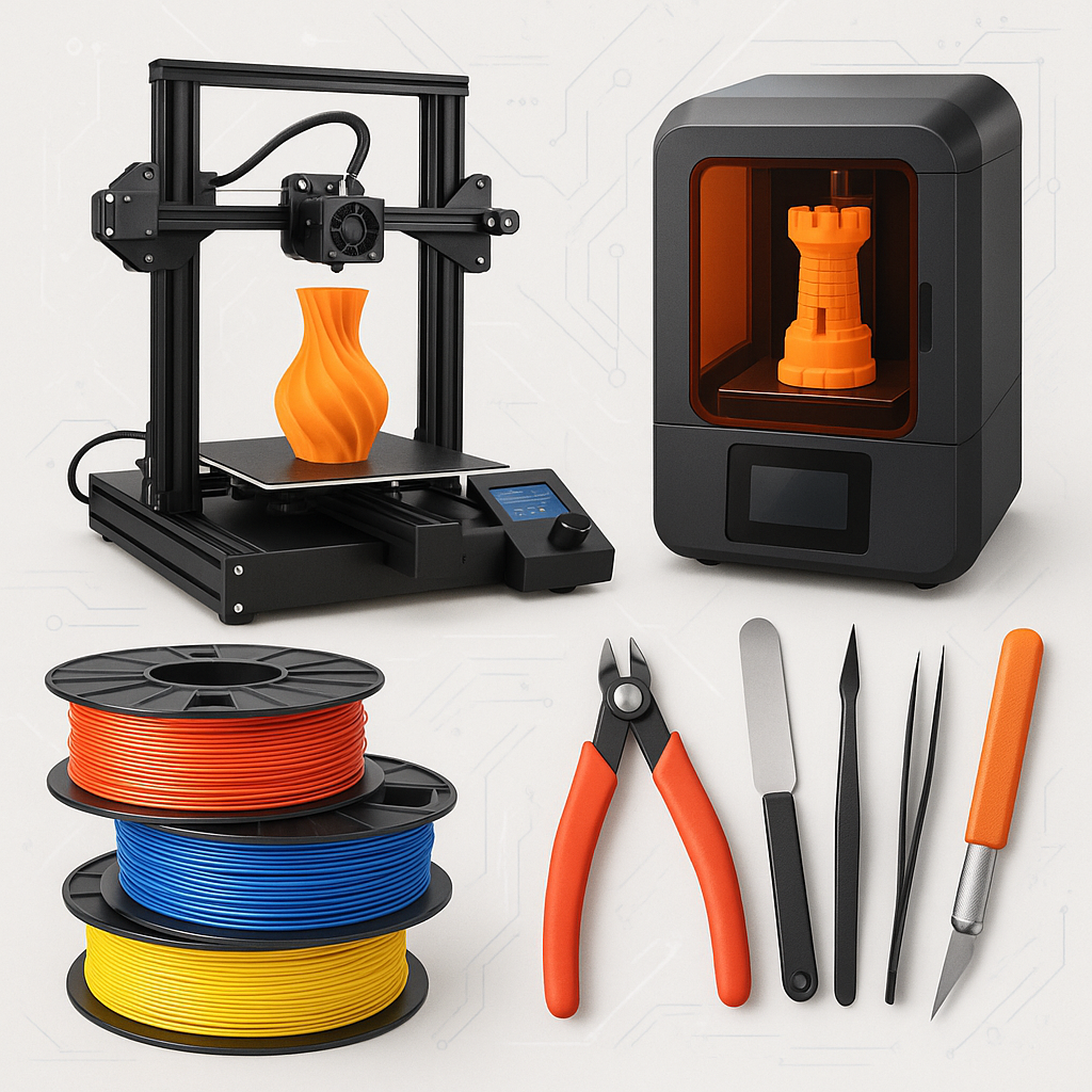 Collage of 3D printers, colorful filaments, and 3D printing tools