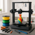 3D printer in action with colorful filament spools and tools