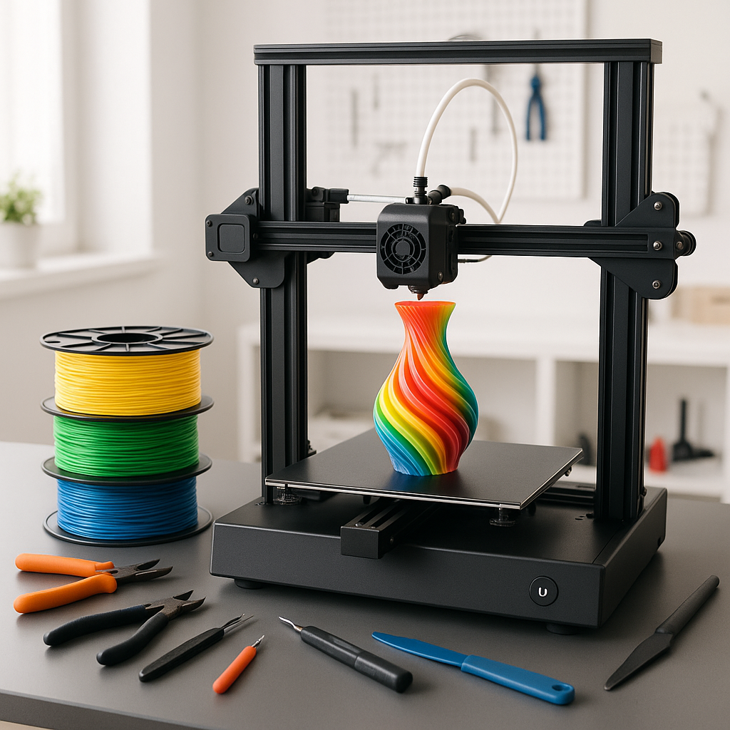 3D printer in action with colorful filament spools and tools
