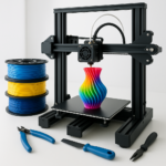3D printer printing with colorful filament spools and tools on desk