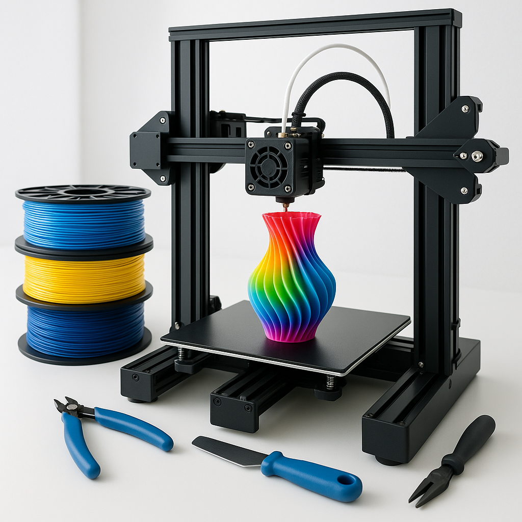 3D printer printing with colorful filament spools and tools on desk