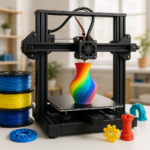 3D printer printing with filament spools and 3D printed parts in workshop