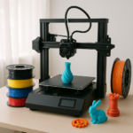 3D printer with filament and printed models on workspace