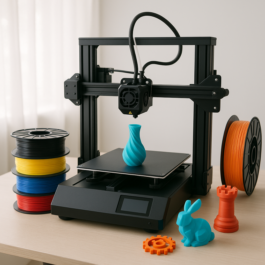 3D printer with filament and printed models on workspace
