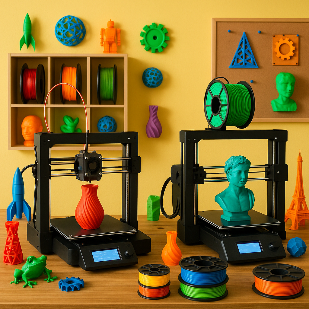 3D printing workspace with printers and colorful filament spools