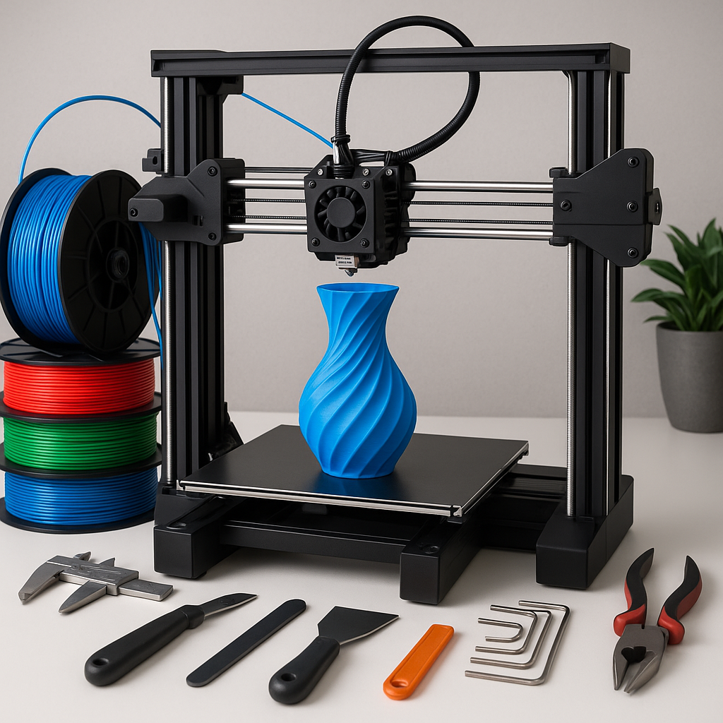 3D printer with filament spools and 3D printing tools on a desk