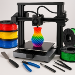 3D printer with colorful filament spools and 3D printing tools on desk