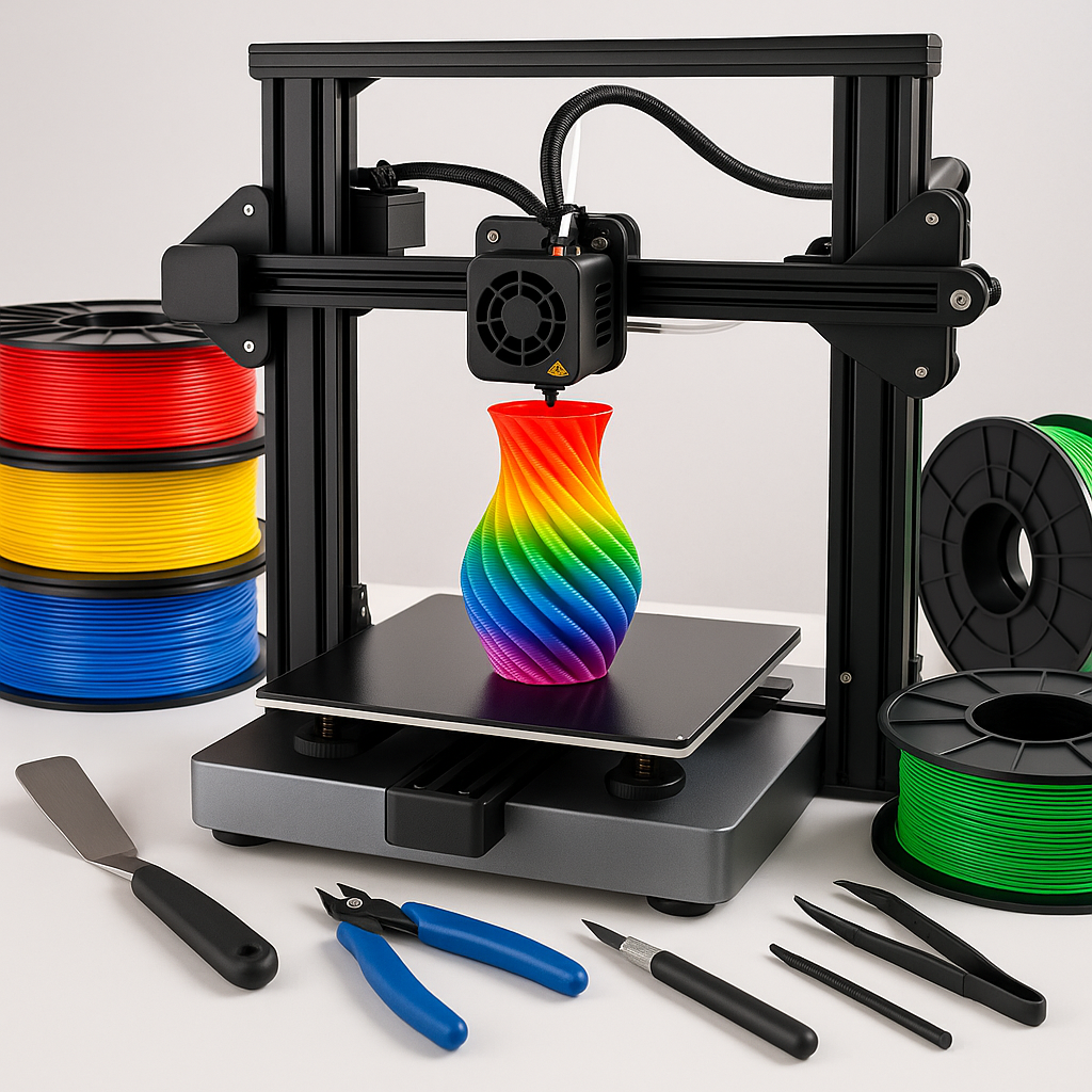 3D printer with colorful filament spools and 3D printing tools on desk