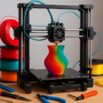 3D printer with colorful filaments and tools