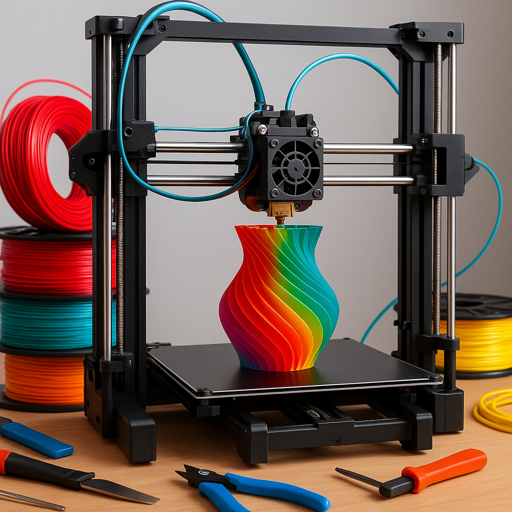 3D printer with colorful filaments and tools