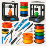 Collage of 3D printers, filament spools, and 3D printing tools