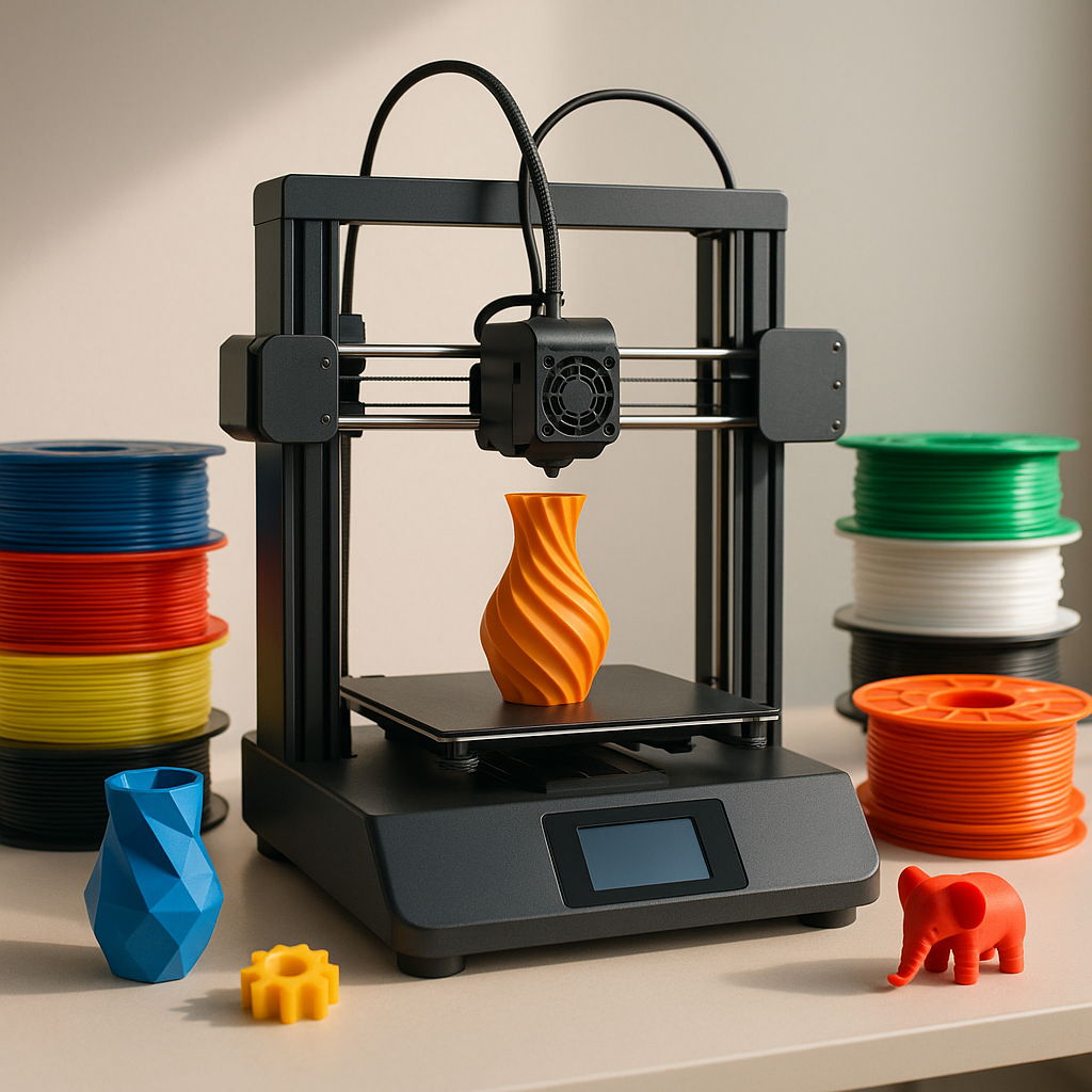 3D printer with filament spools and printed objects on workbench