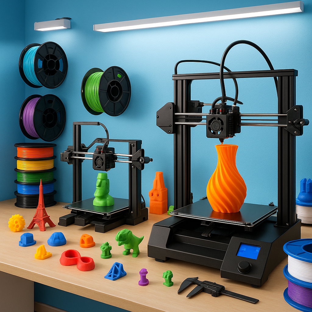 3D printing workspace with printers, filament spools, and printed models