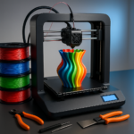 3D printer printing colorful object with filament spools and tools