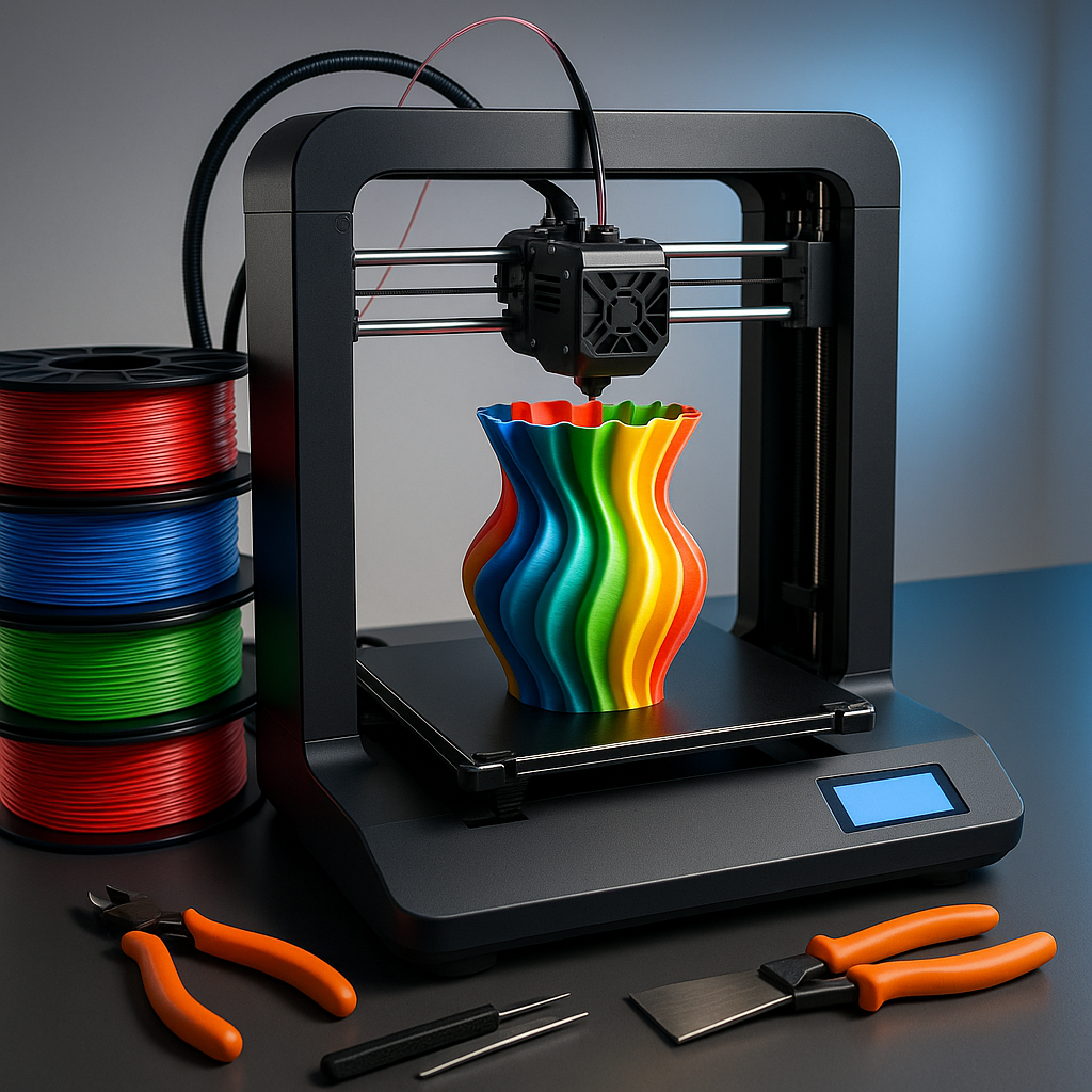 3D printer printing colorful object with filament spools and tools
