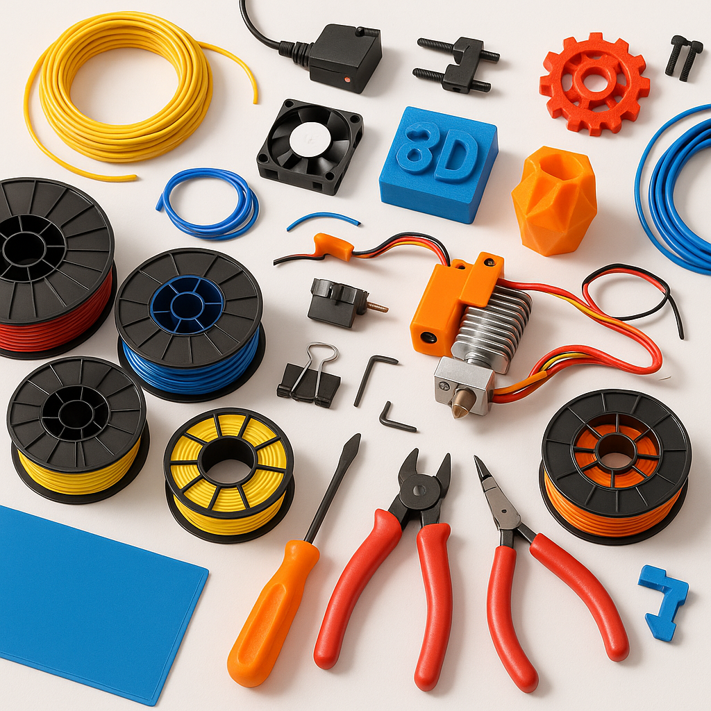 Collage of 3D printing filaments, parts, and tools