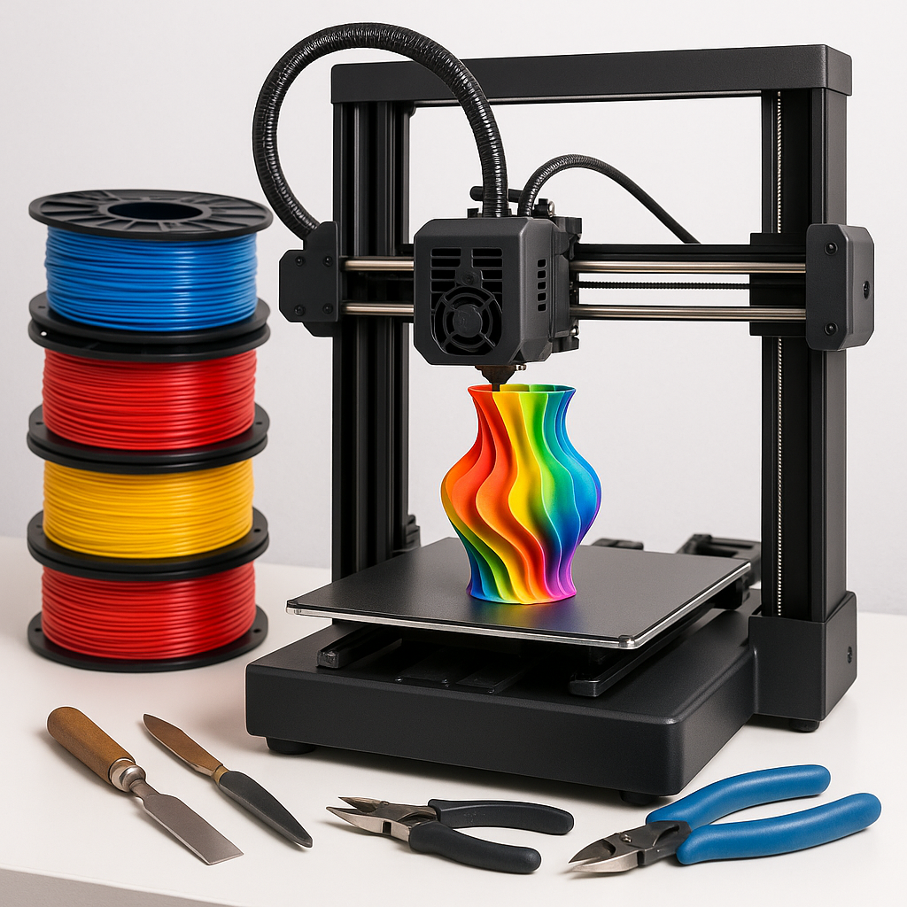 3D printer printing with filament spools and tools on workbench