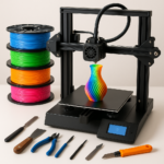 3D printer with colorful filament and 3D printing tools on a workbench