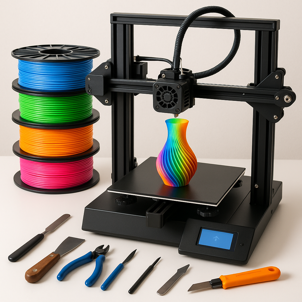3D printer with colorful filament and 3D printing tools on a workbench
