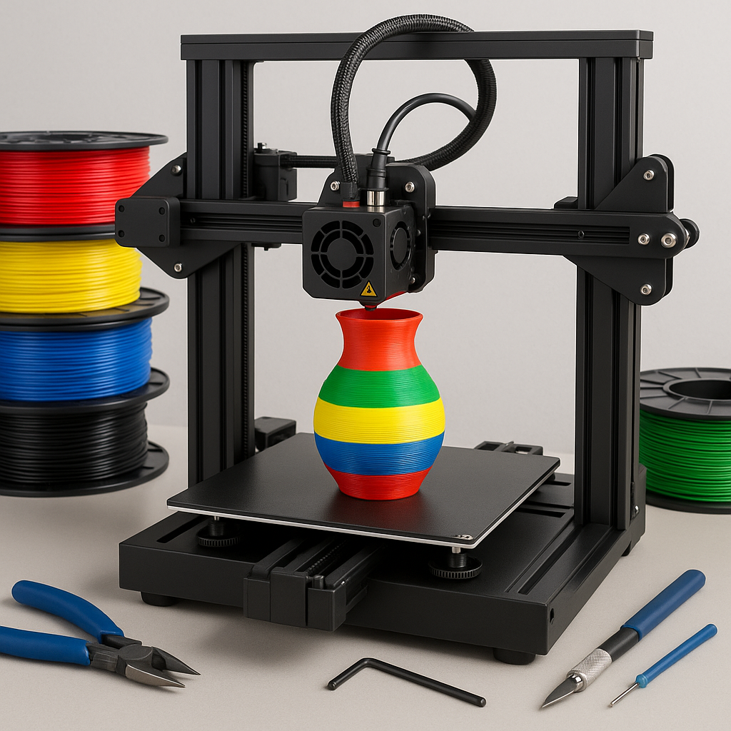 3D printer with colorful filament and tools on workbench
