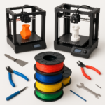 Collage of 3D printers, filaments, and 3D printing accessories