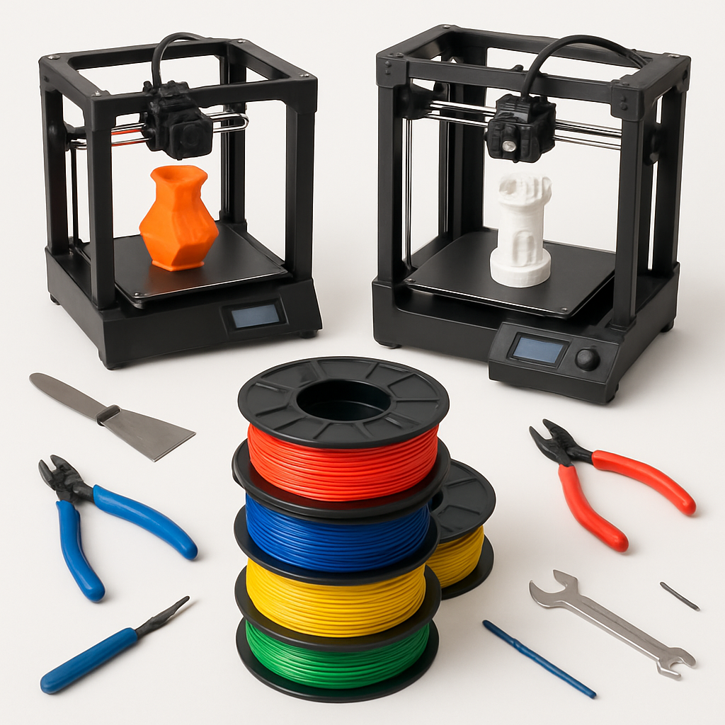 Collage of 3D printers, filaments, and 3D printing accessories