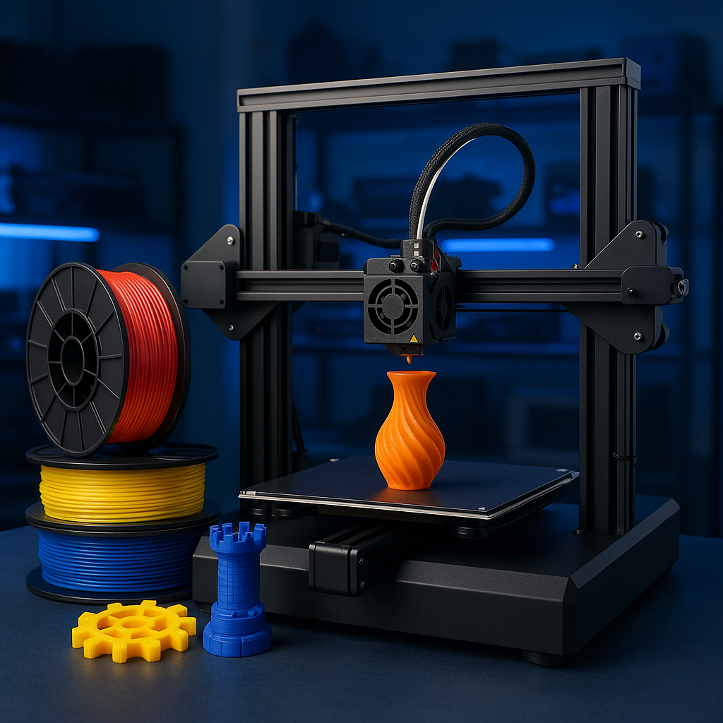 3D printer with filament spools and printed objects in a workshop