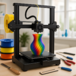 3D printer with colorful filament and tools in workshop