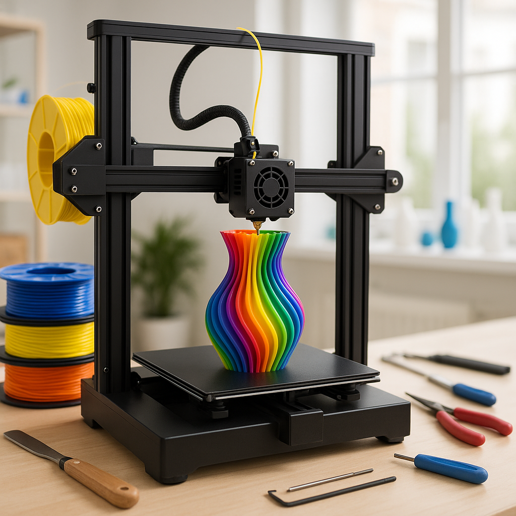 3D printer with colorful filament and tools in workshop