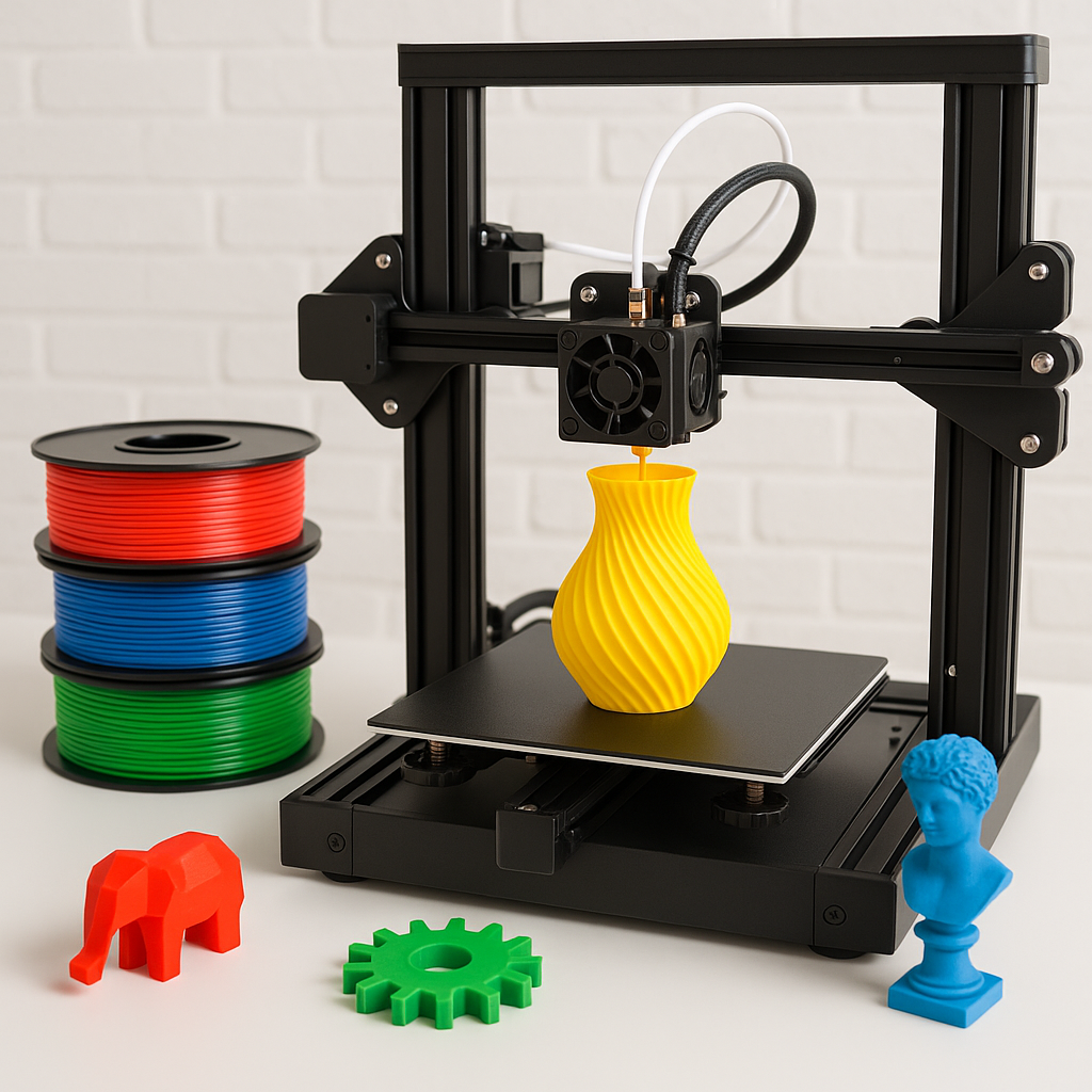3D printer printing colorful objects with filament spools and tools on workspace