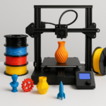 3D printer with filament spools and printed models on a desk
