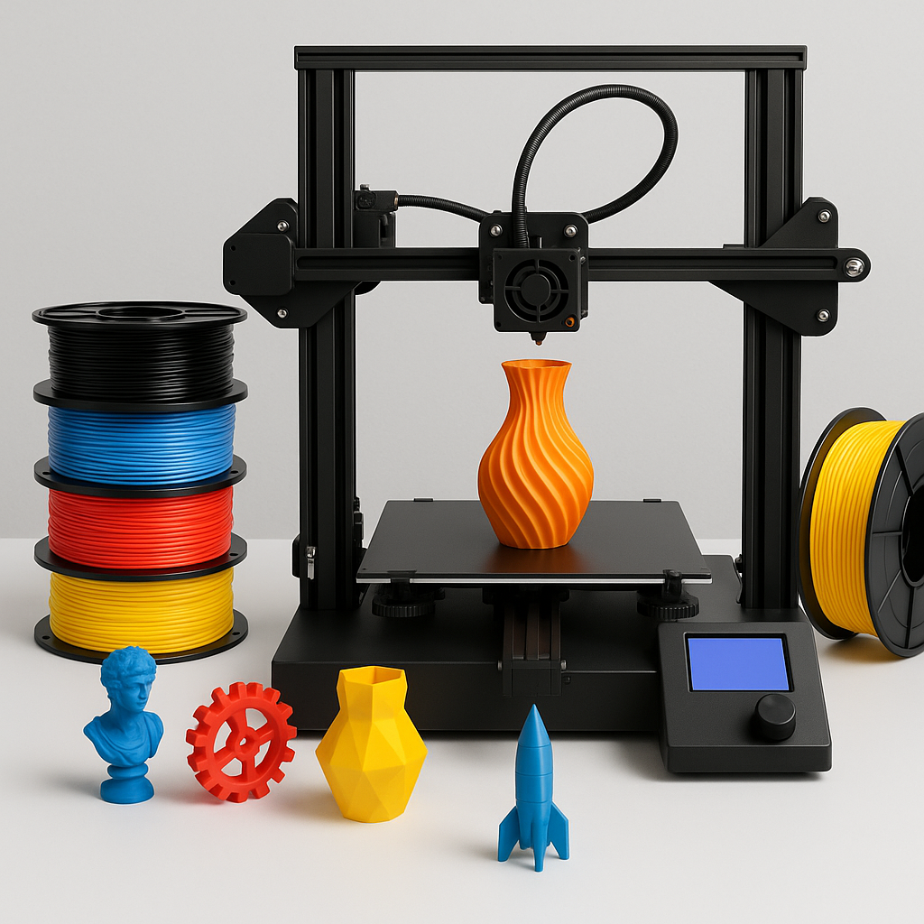 3D printer with filament spools and printed models on a desk