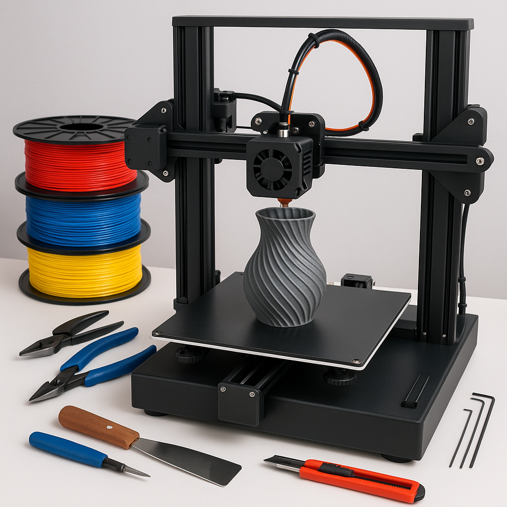 3D printer with filament spools and 3D printing tools