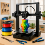 3D printer with colorful filament spools and tools in a workshop