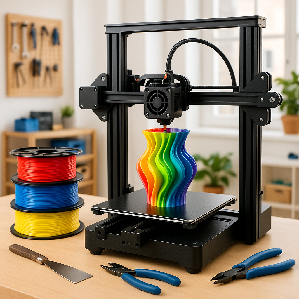 3D printer with colorful filament spools and tools in a workshop