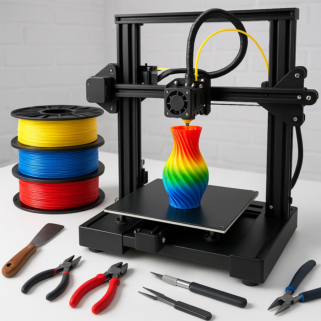 3D printer with filament spools and tools on workbench